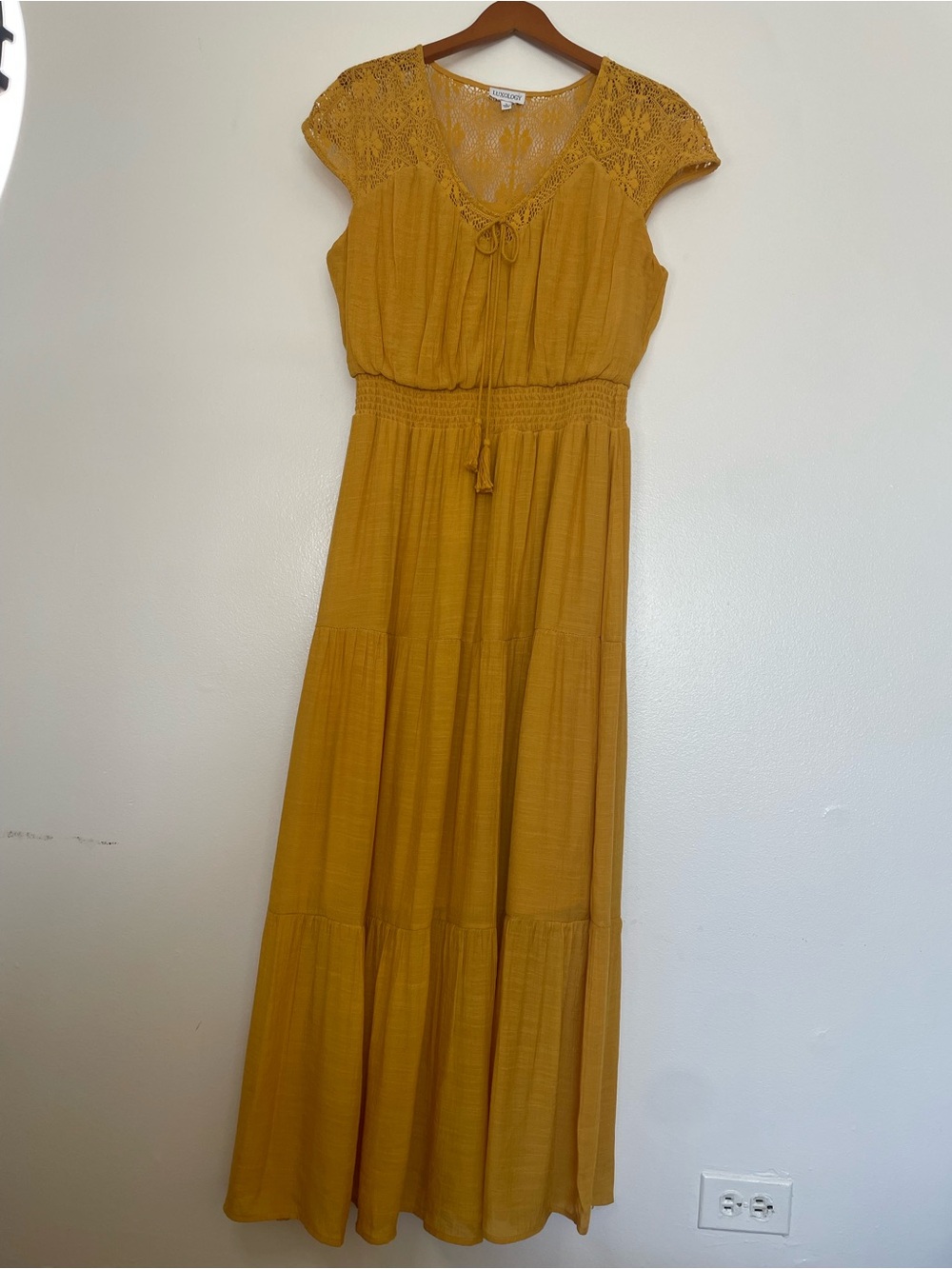 Mustard Lace-Trim Maxi Dress with Smocked Waist Full Lining Tassels Size Large